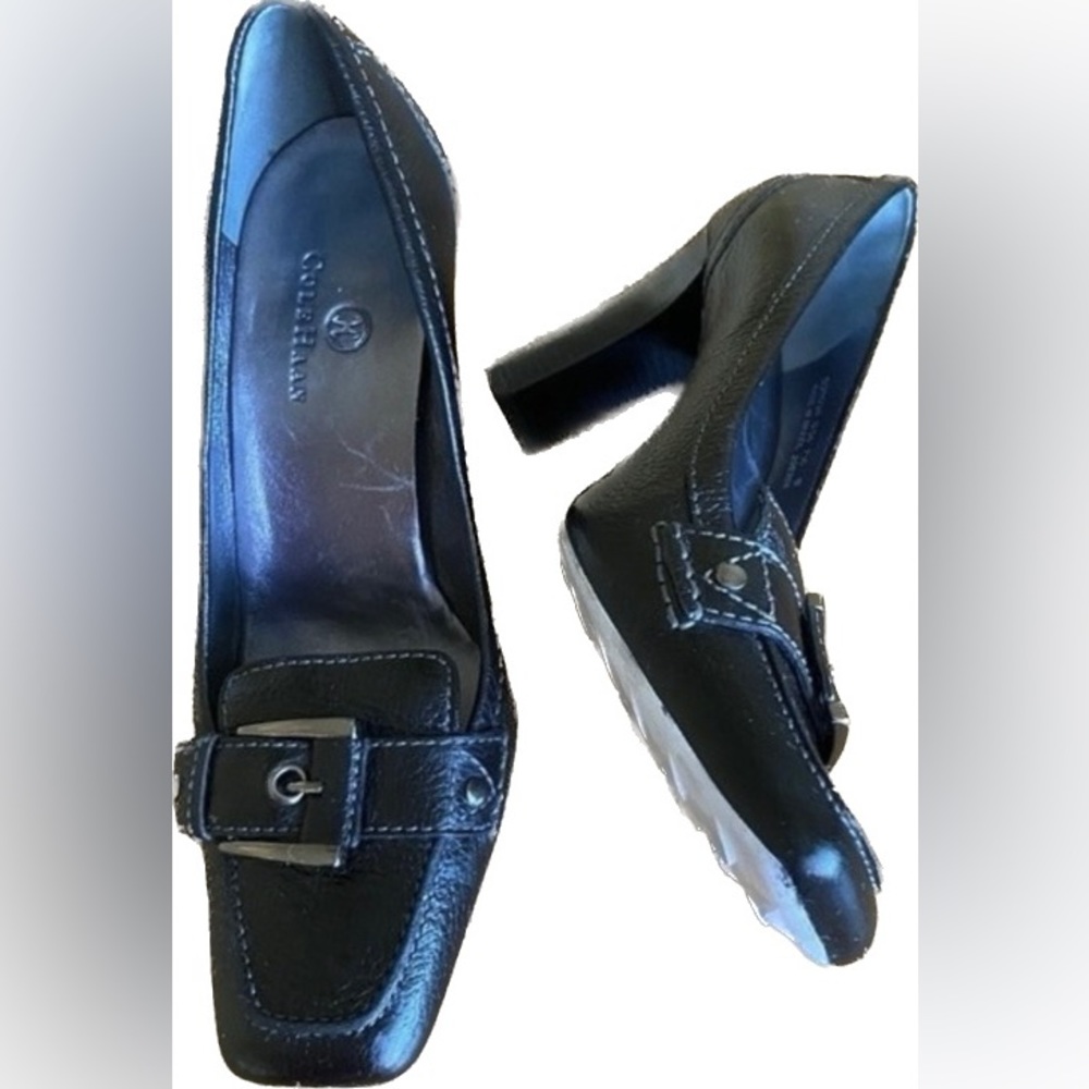Cole Haan Black Leather Buckle Block Heel Pumps